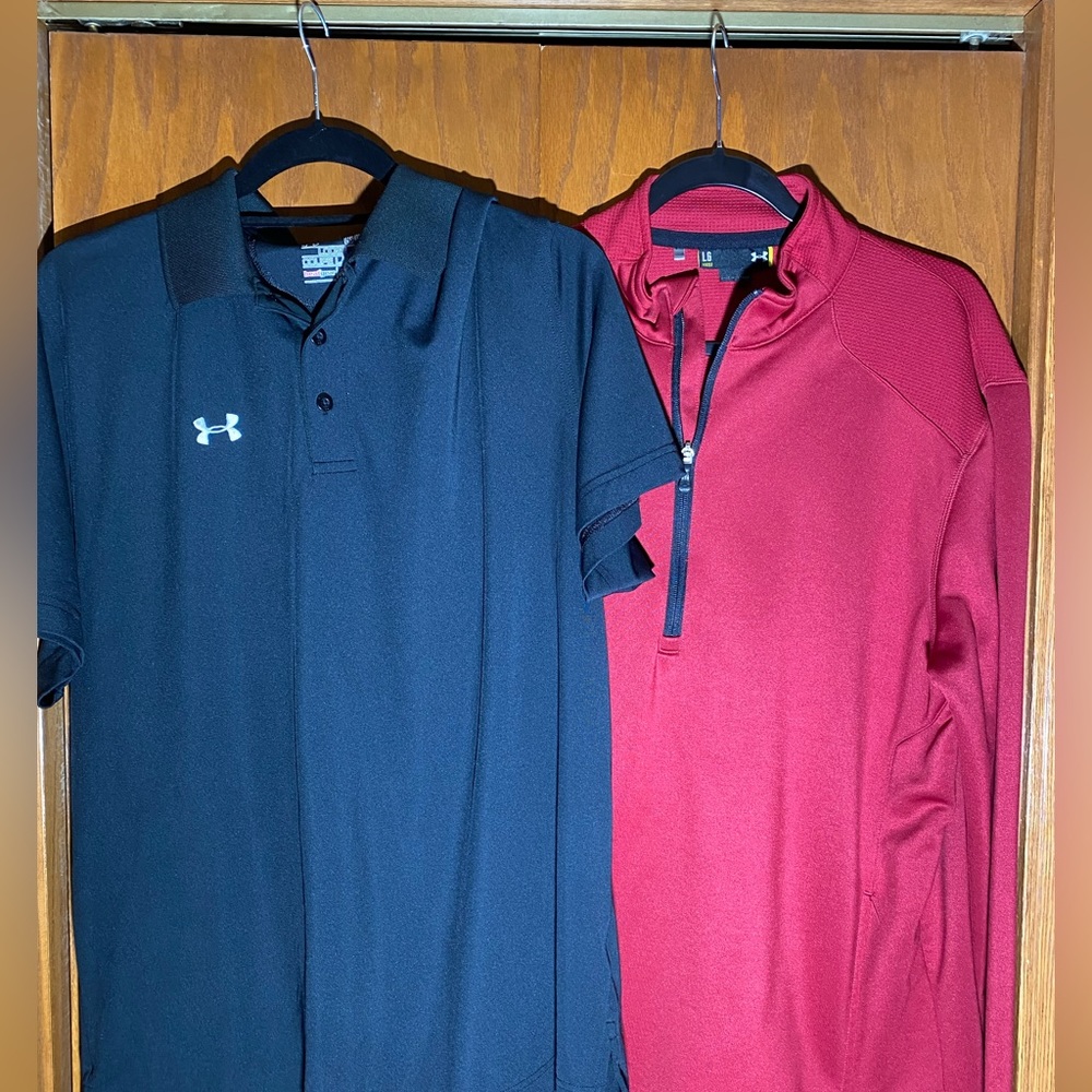 Two For One: Under Armour Polo Shirt Black, UA 1/2 Zip Long Sleeve Shirt Size L